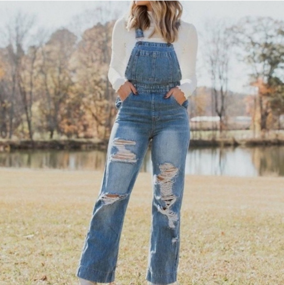 KanCan Distressed Straight Leg Denim Overalls Medium Wash